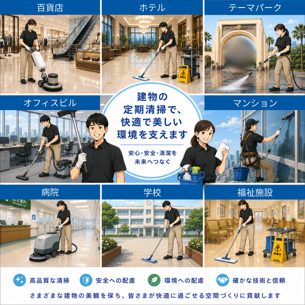 建物の「きれい」を守る仕事です！百貨店、ホテル、テーマパーク、病院、学校、オフィスビルなど、さまざまな施設の定期清掃を行います。
